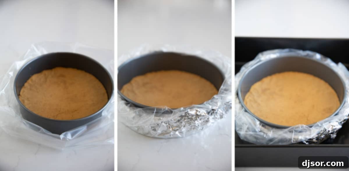 Two effective methods for creating a leak-proof water bath for cheesecake baking are shown side-by-side: one using heavy-duty foil, and the other using a slow cooker liner wrapped in foil.