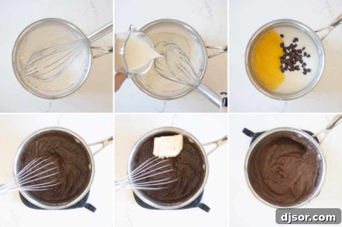 Step-by-Step: Crafting Your Decadent Chocolate Pie Filling Steps showing the preparation of the chocolate cream pie filling in a saucepan.