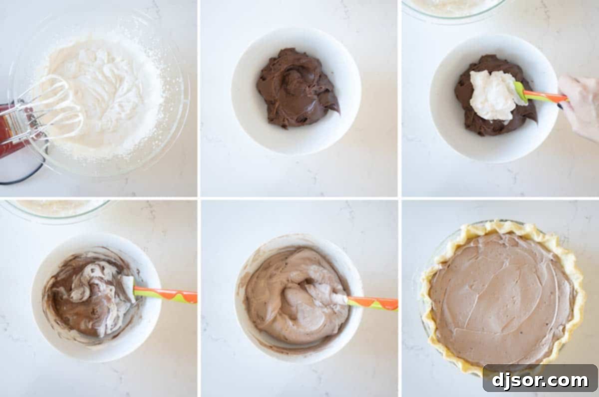 Folding Whipped Cream into Chocolate Filling for a Lighter Texture Whipped cream being gently folded into the chocolate filling.