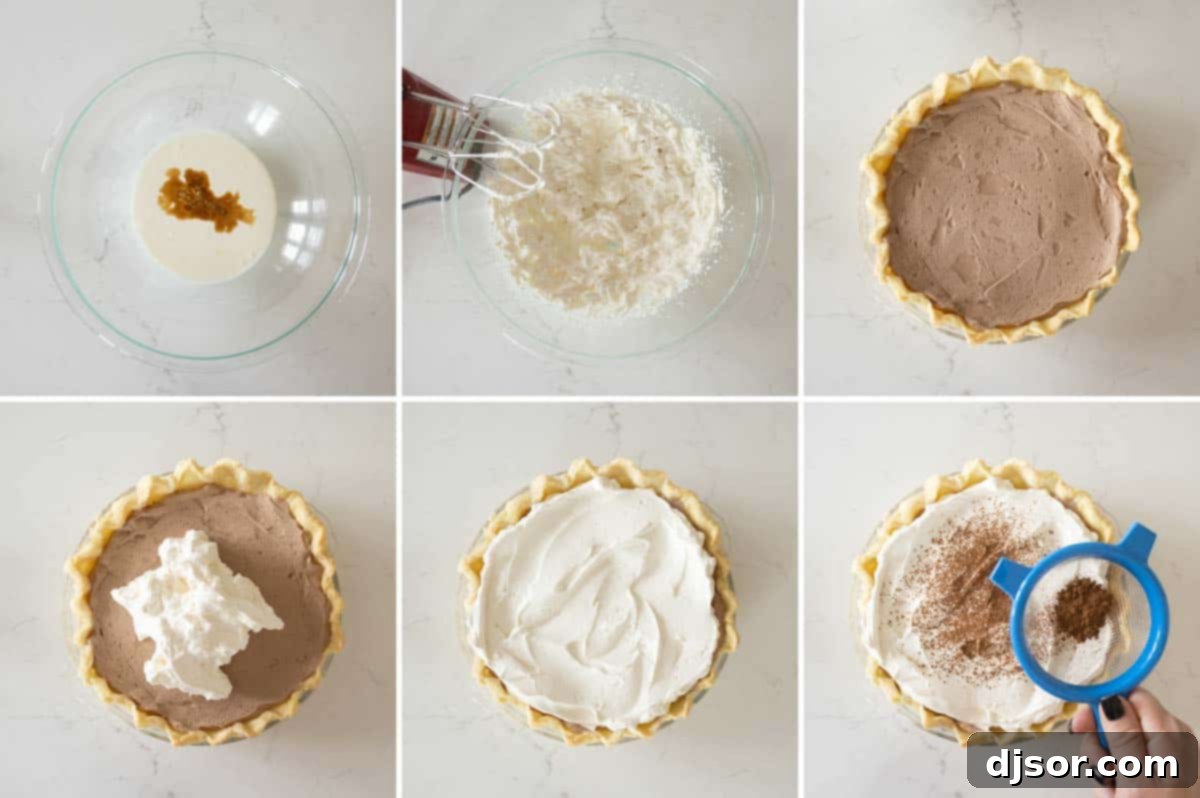 The Finishing Touch: Topping Your Chocolate Cream Pie A chocolate cream pie being topped with freshly whipped cream.