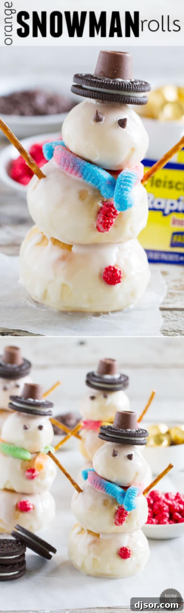 Sunset Snowman's Odyssey 8 A vibrant display of freshly baked and decorated Orange Snowman Rolls