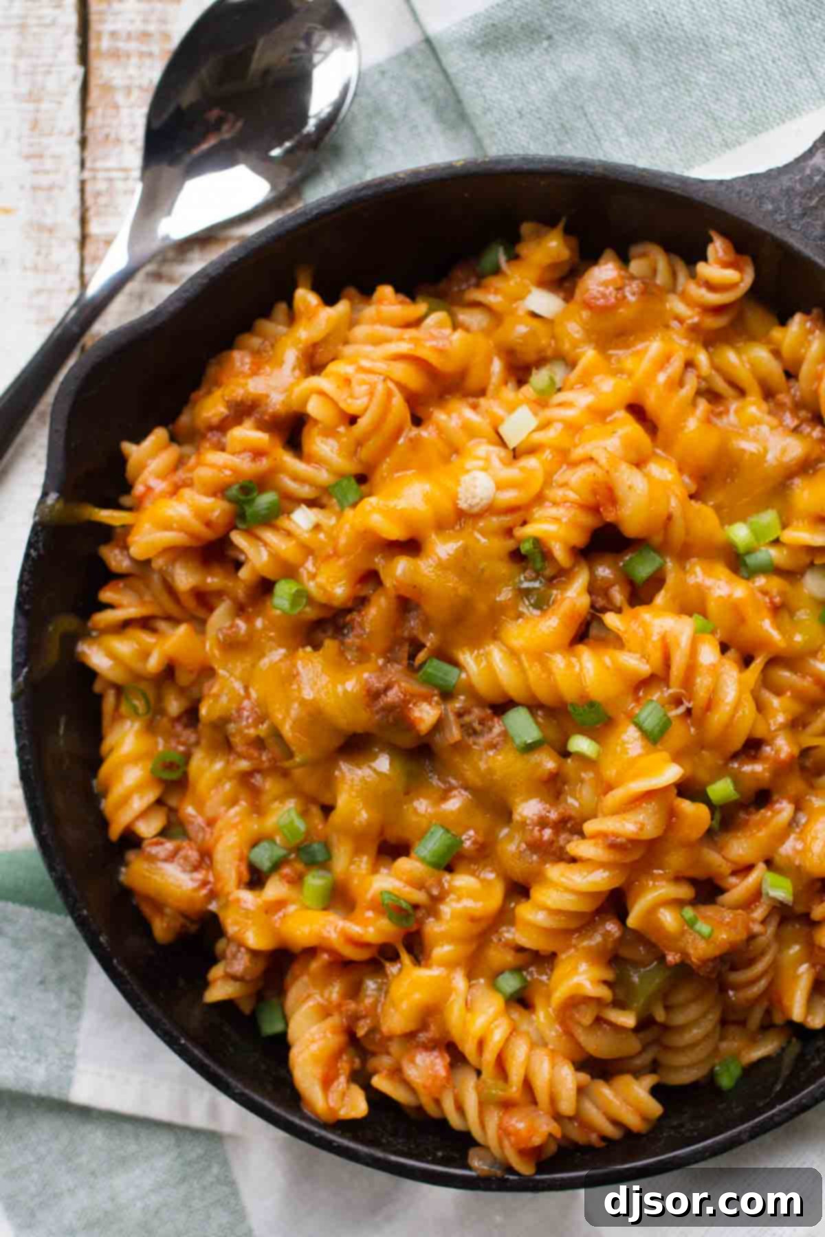 Sloppy Joe Pasta in a cast iron skillet, ready to be served for a family meal.
