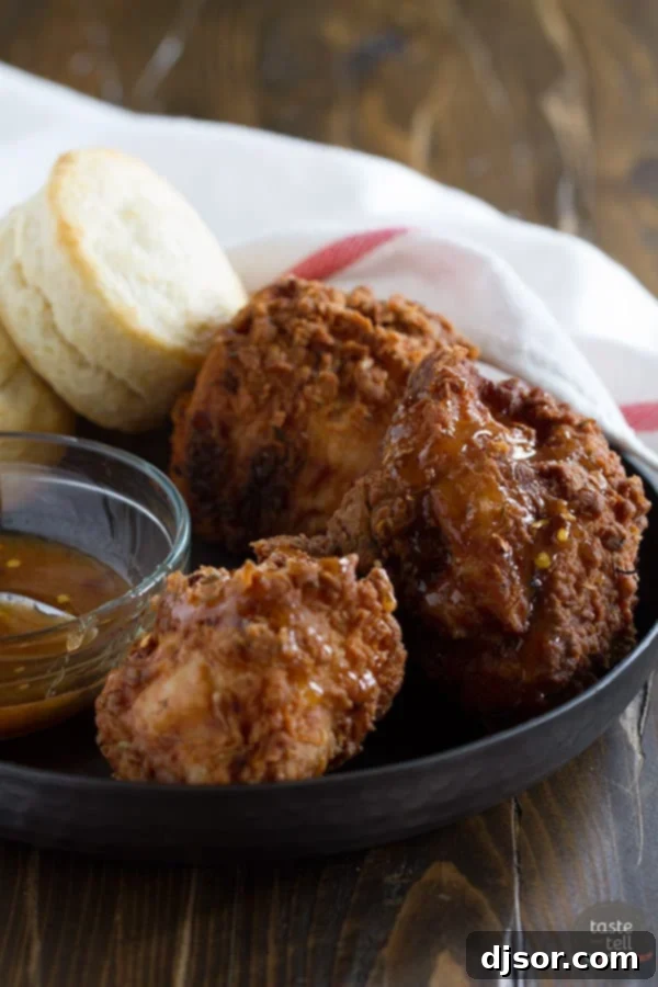 Delicious Honey Fried Chicken with a golden, crispy crust, served alongside warm buttermilk biscuits and a small bowl of hot honey sauce.