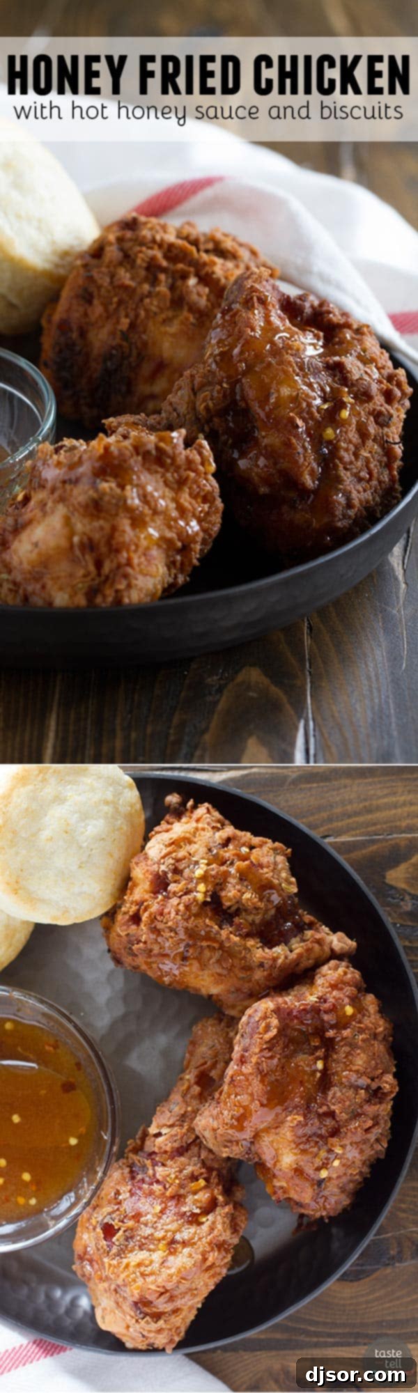 A full platter featuring several pieces of golden-brown Honey Fried Chicken, warm buttermilk biscuits, and a small dish of hot honey sauce, presented as a complete and inviting meal.