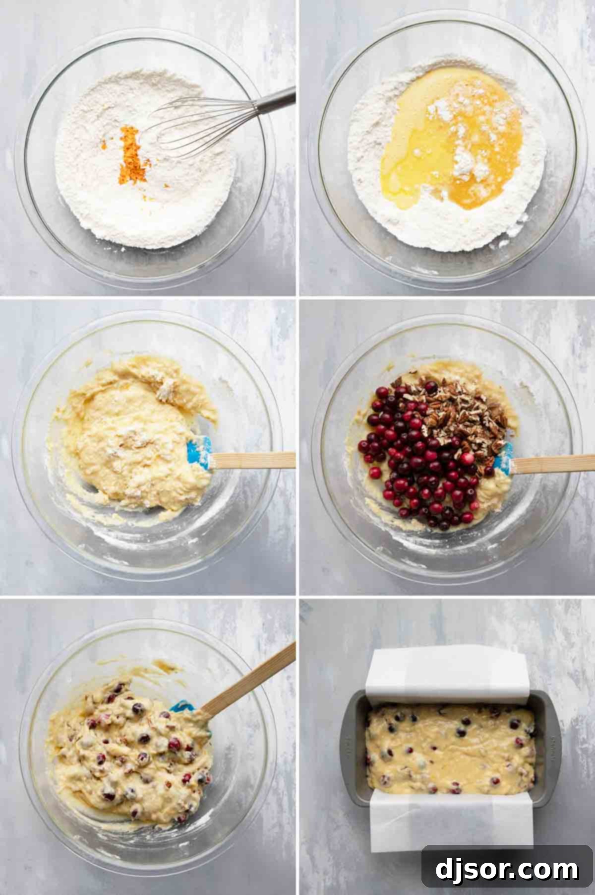 step-by-step process of mixing ingredients and preparing the loaf pan for cranberry orange bread
