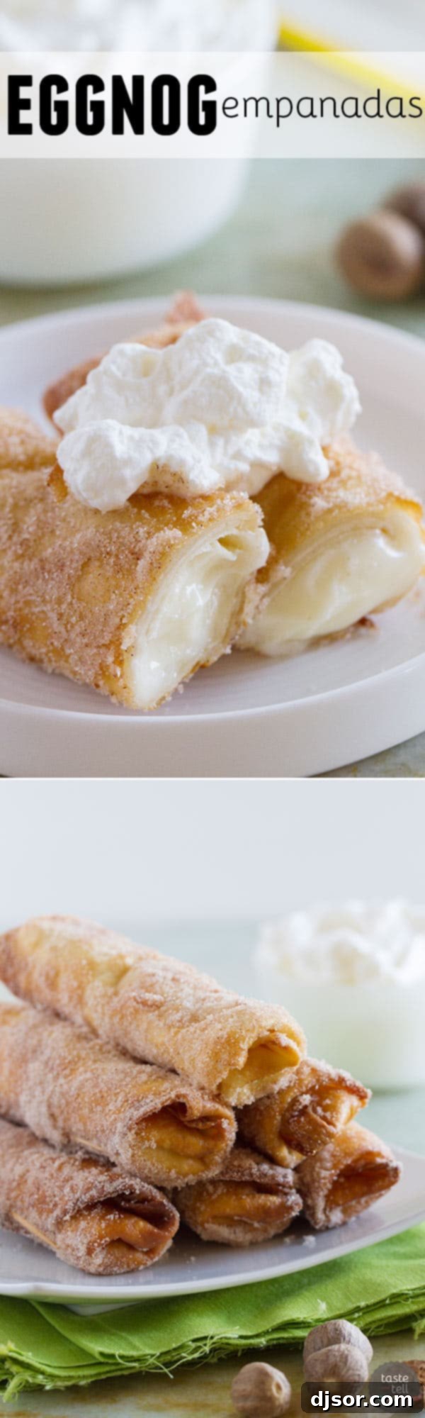 A large, appealing image of Eggnog Empanadas, inviting readers to try the recipe.