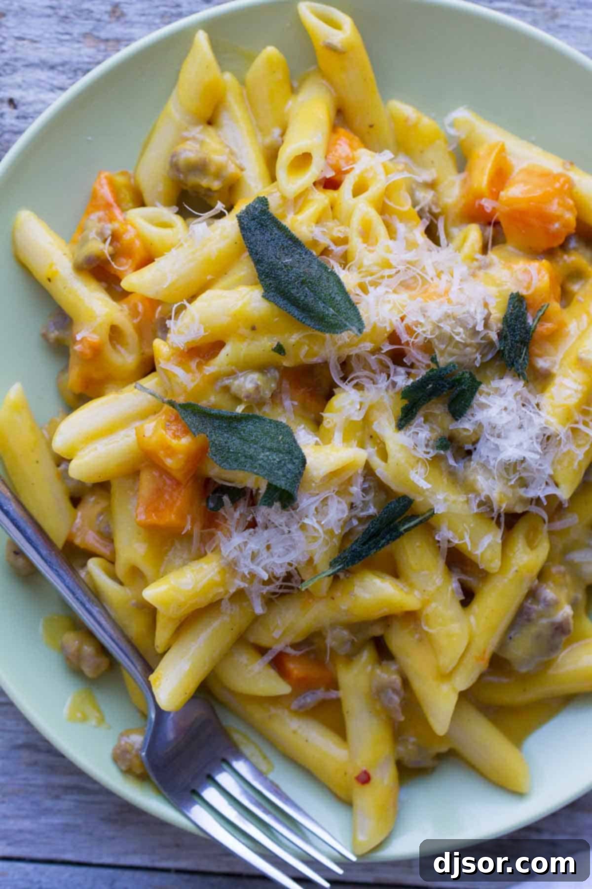 Plate filled with Penne with Butternut Squash and Sausage and topped with parmesan cheese and sage.
