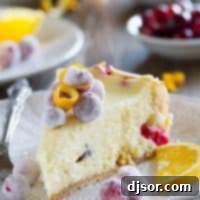 A beautifully presented slice of Cranberry Orange Cheesecake on a plate.