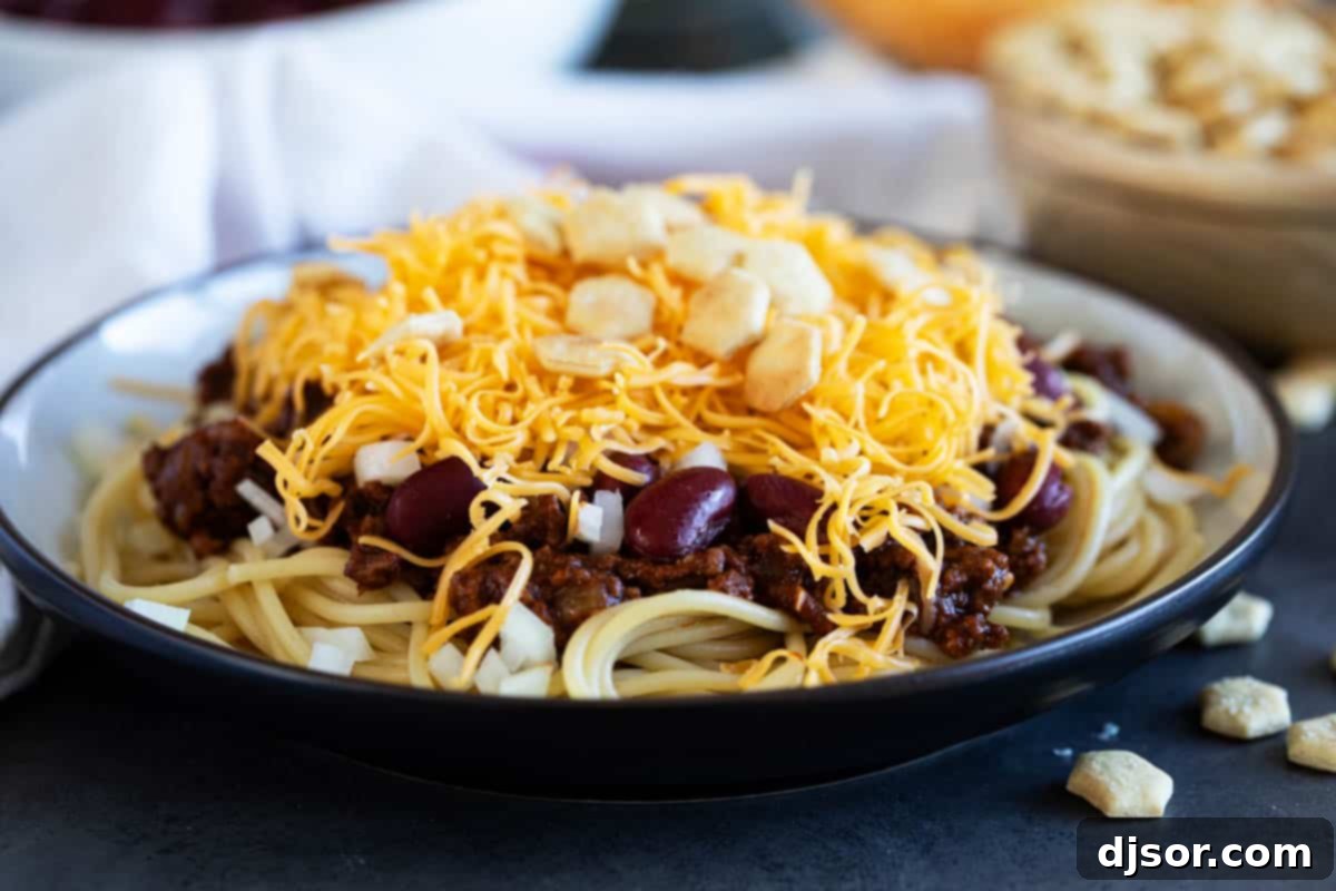 Cincinnati Chili The Five Way Wonder 2 5-way Cincinnati Chili, spaghetti topped with chili, beans, onions, cheese, and oyster crackers.