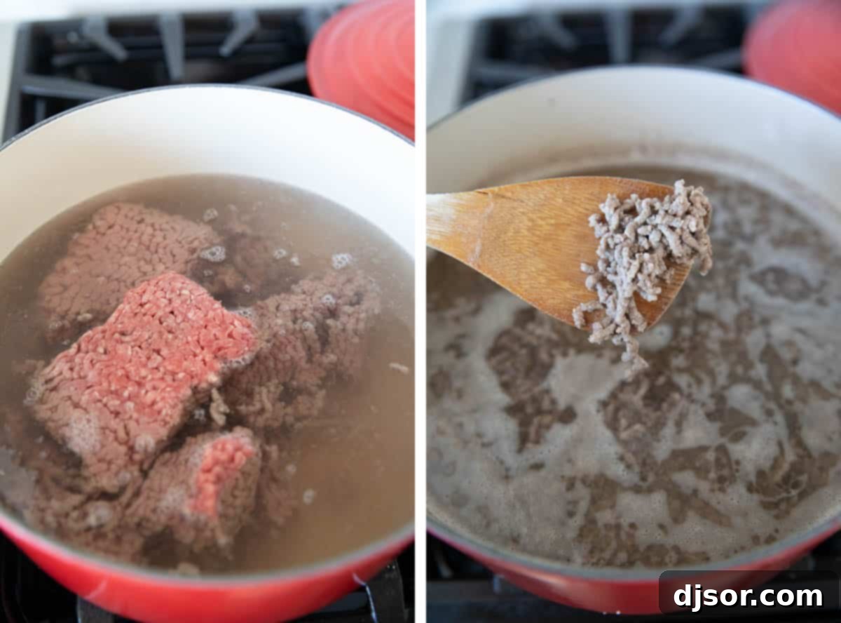 Cincinnati Chili The Five Way Wonder 4 Boiling ground beef for Cincinnati Chili.