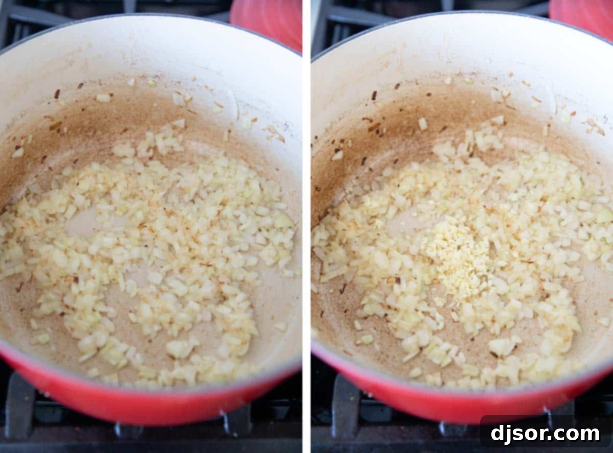 Cincinnati Chili The Five Way Wonder 5 Dutch oven with cooked onions and adding garlic.