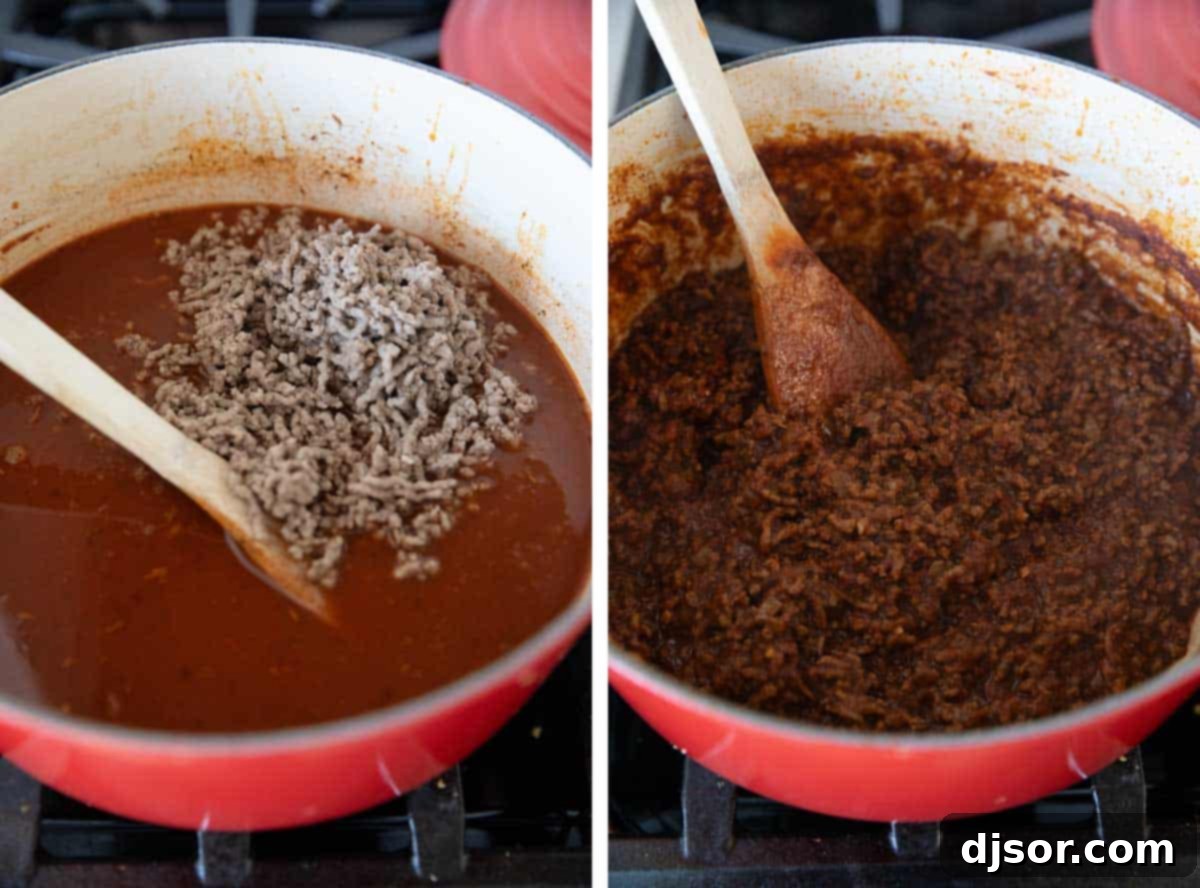 Cincinnati Chili The Five Way Wonder 7 Adding ground beef into Cincinnati Chili and cooking until thickened.
