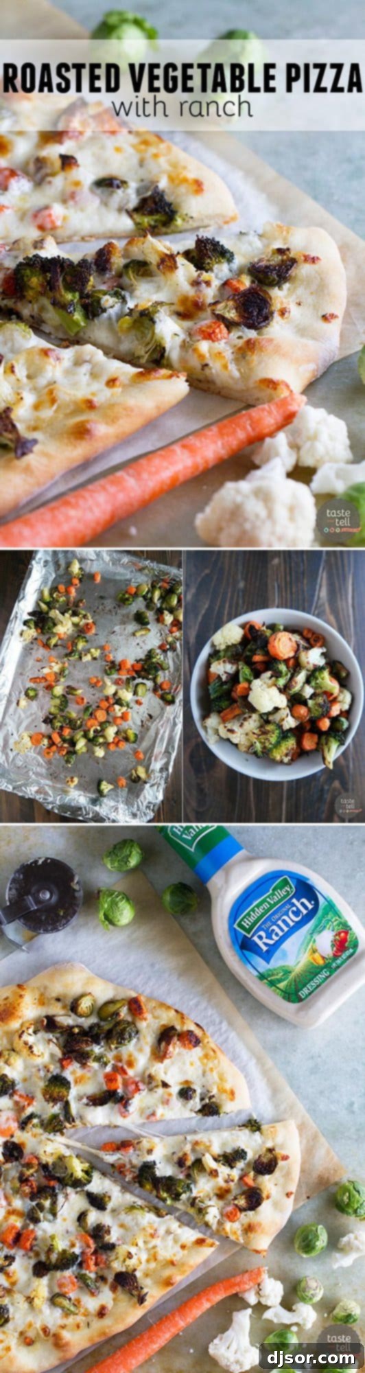 A large, beautifully photographed Roasted Vegetable Pizza with Ranch, cut into slices, perfect for sharing.