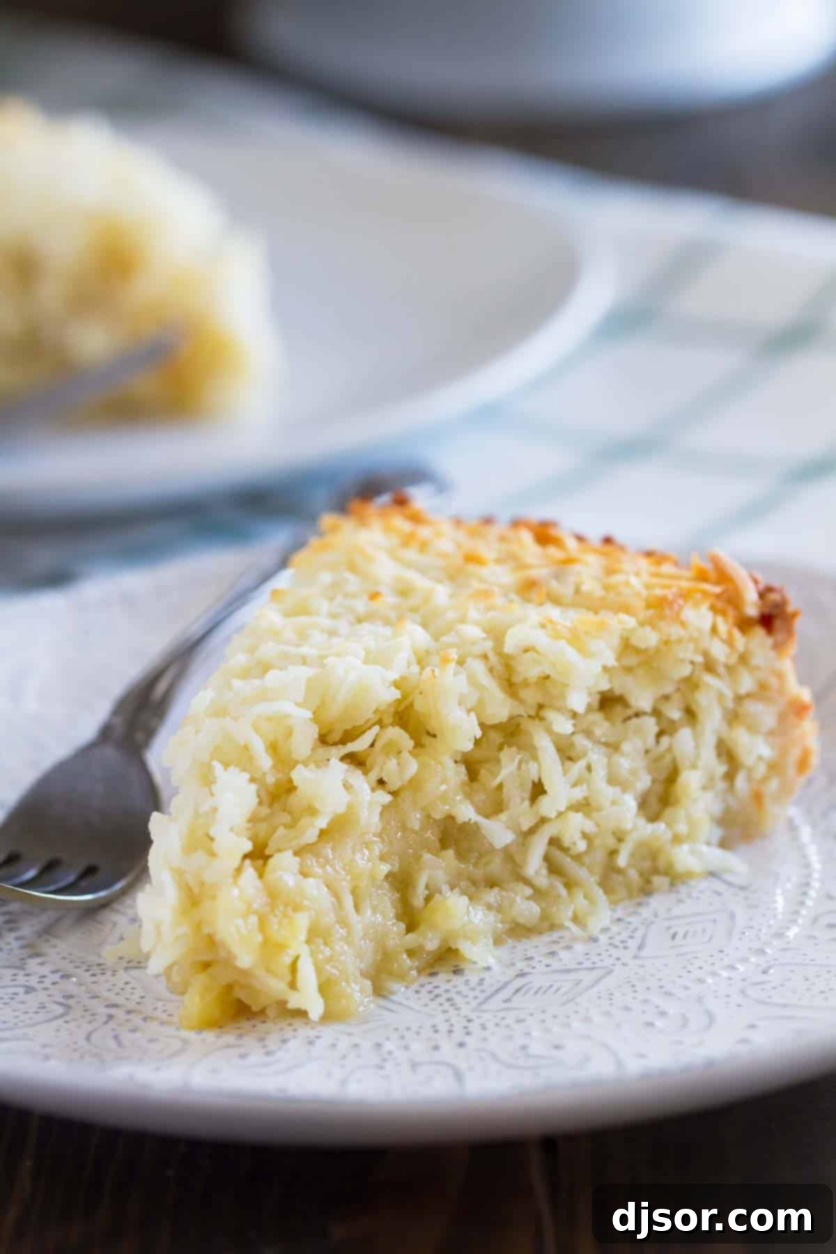 A perfectly portioned slice of creamy Coconut Custard Pie on a clean white plate, ready to be enjoyed.