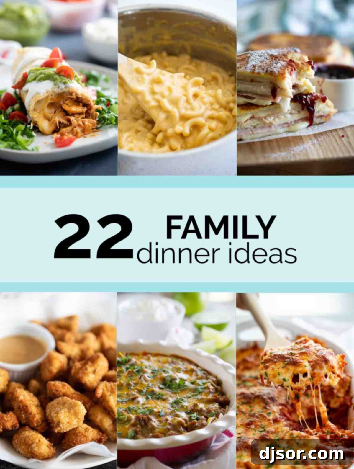 Collage of diverse family dinner recipes including pasta, chicken, and sandwiches, perfect for picky eaters