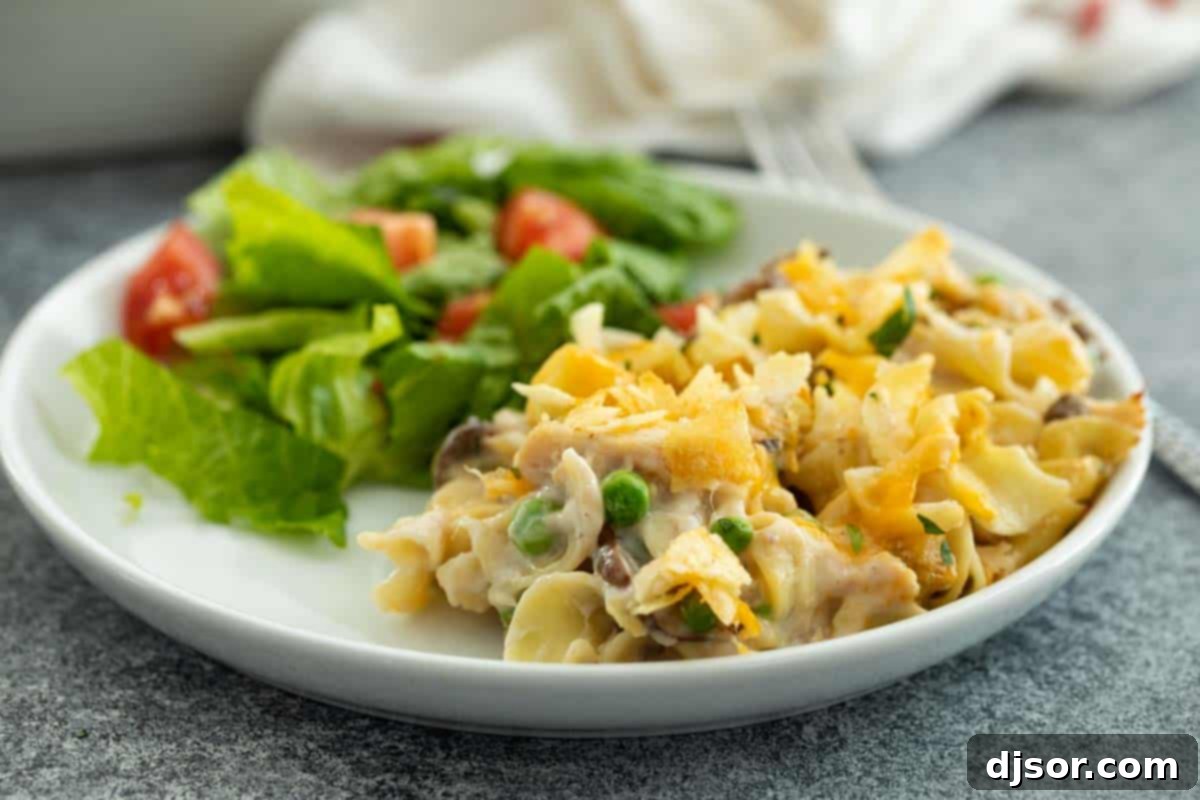 Classic Tuna Casserole served with a fresh green salad
