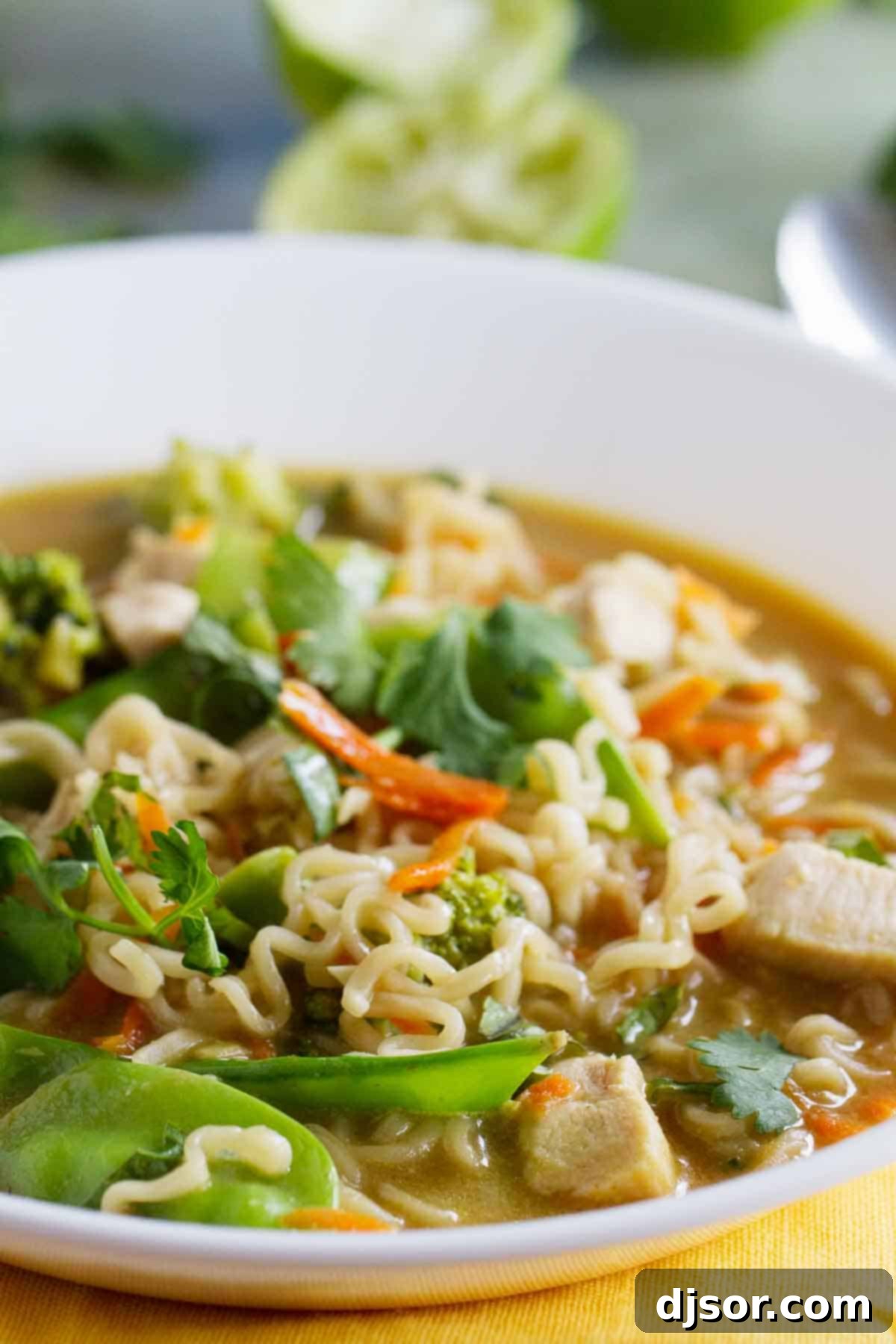 A vibrant bowl of Asian Chicken Noodle Soup, showcasing chicken, noodles, and colorful vegetables, served on a white napkin.