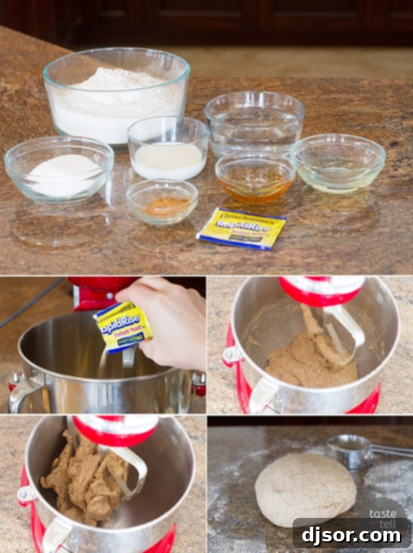 Step-by-step image showcasing how to make Whole Wheat Cinnamon Swirl Bread, with dough being mixed.