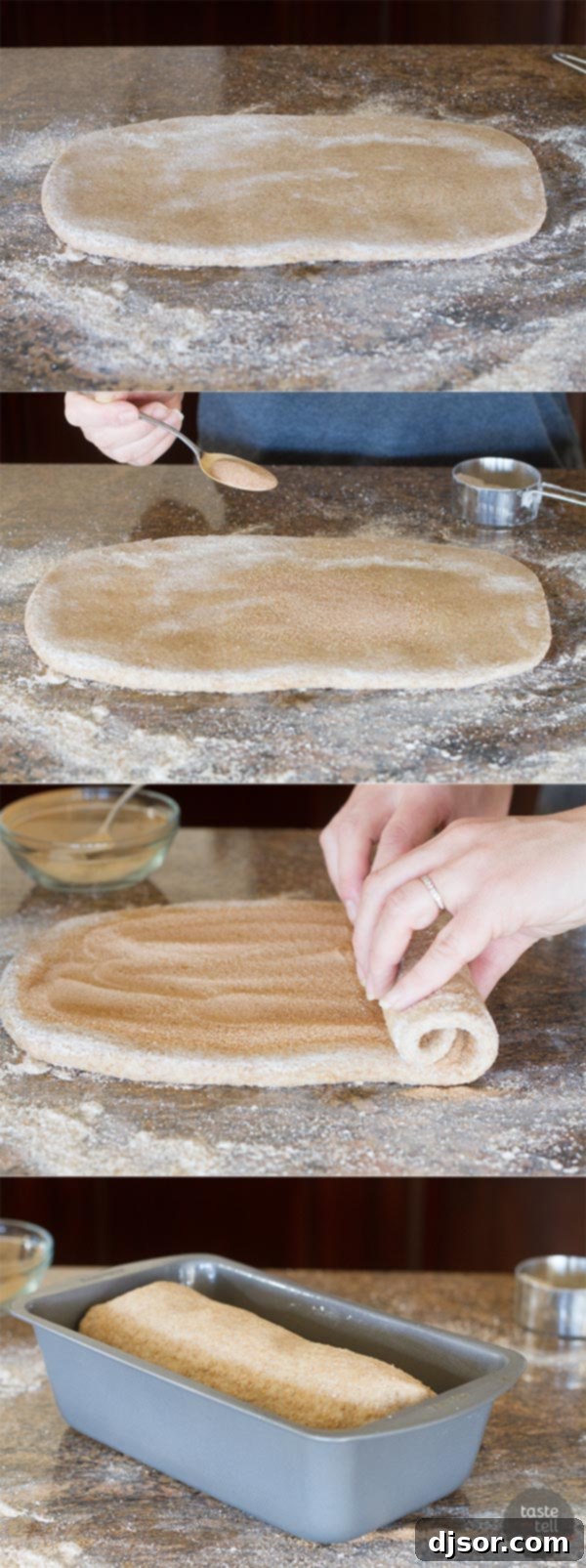Hands rolling out Whole Wheat Cinnamon Swirl Bread dough on a floured surface, ready for the cinnamon sugar.