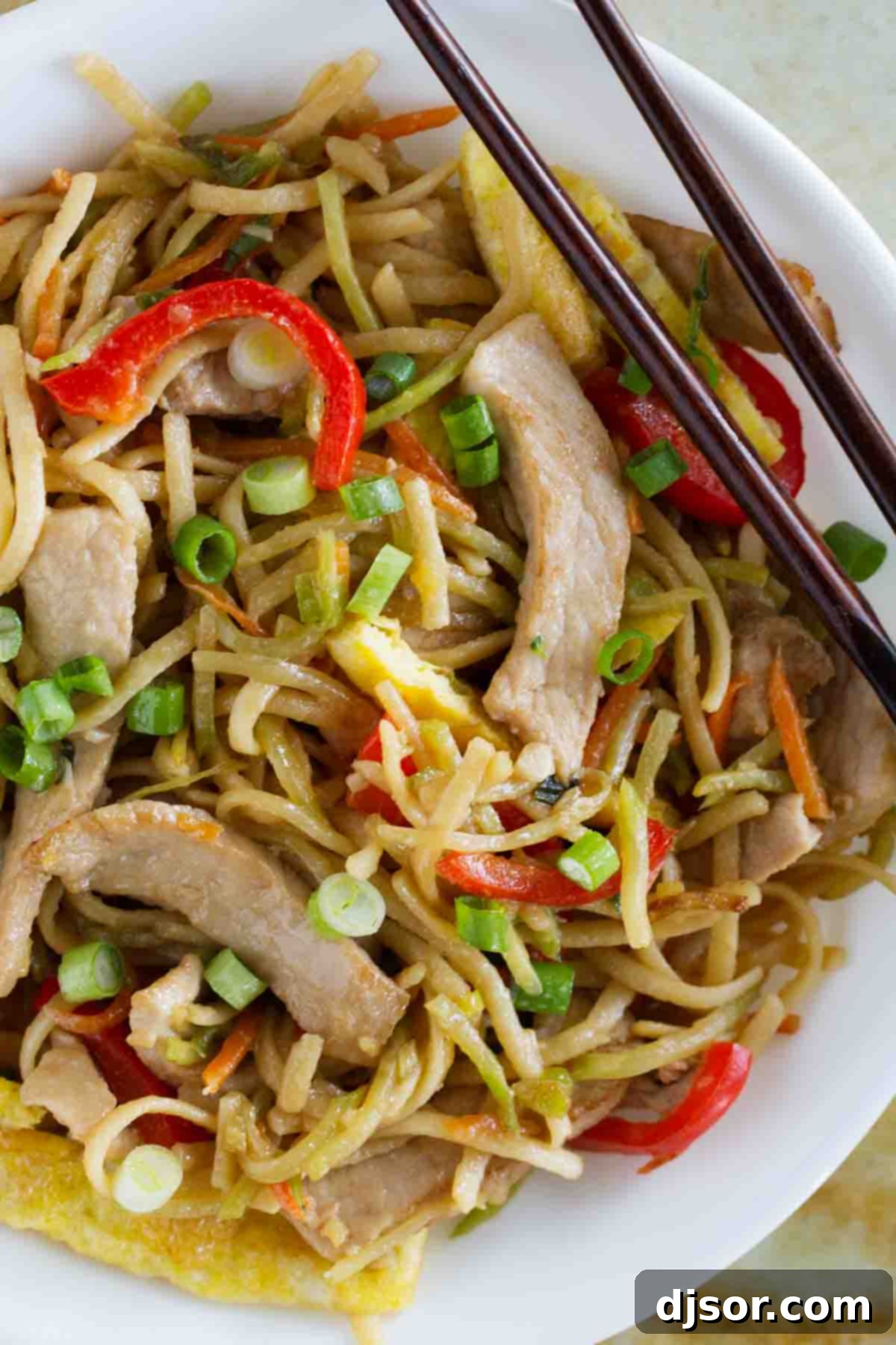 Close-up view of Egg and Pork Lo Mein, highlighting the tender pork, scrambled eggs, and colorful stir-fried vegetables.
