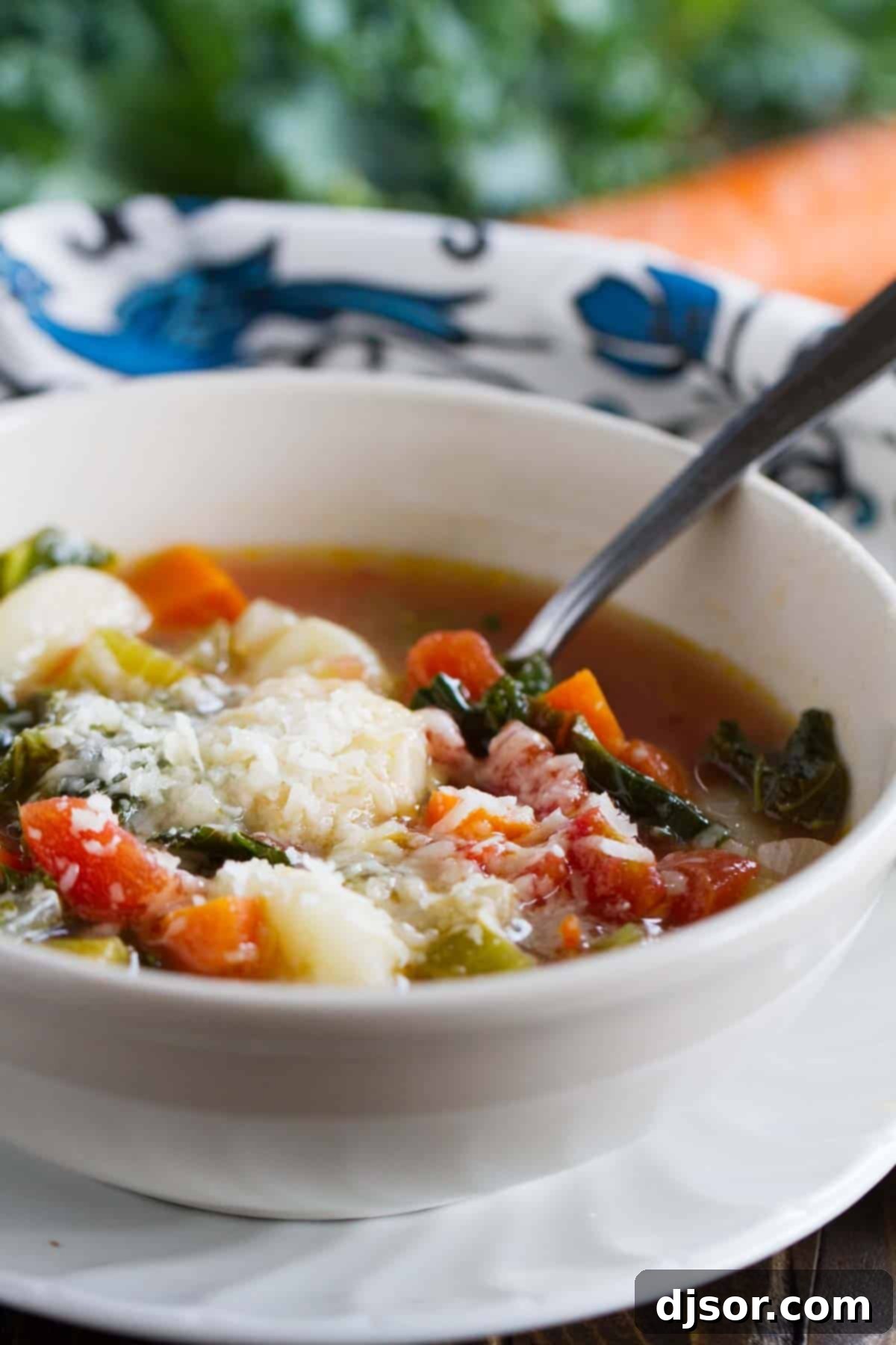 A cozy bowl of Minestrone with Gnocchi, topped with fresh herbs and a spoon, inviting you to enjoy a comforting meal.