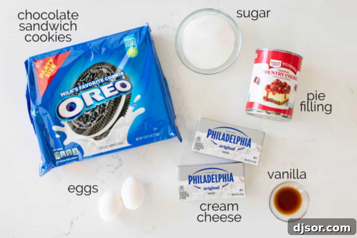 A visual overview of all the fresh, simple ingredients required to make delicious homemade mini cheesecakes, including cream cheese, eggs, sugar, vanilla, pie filling, and chocolate sandwich cookies.