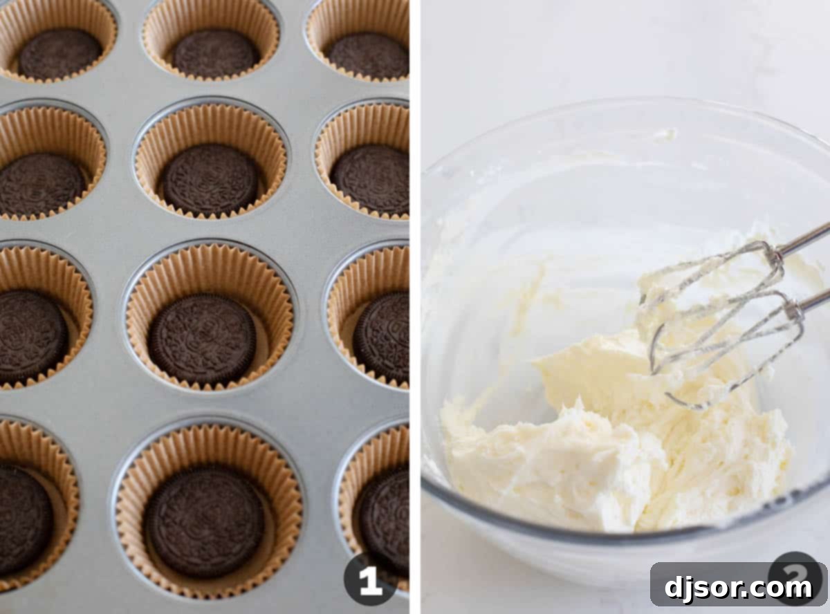 Step-by-step process of preparing mini cheesecakes: placing chocolate cookies in muffin tins and expertly beating the creamy cheese mixture for the filling.