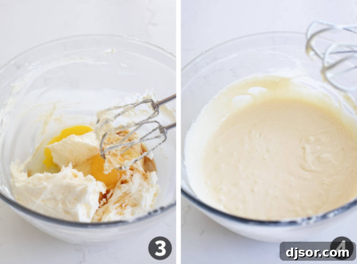 The detailed process of mixing the creamy filling for mini cheesecakes, showcasing the smooth, well-combined batter in a mixing bowl.