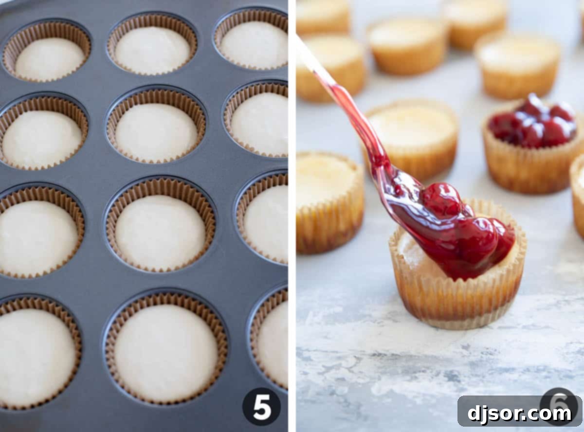 Dividing the smooth cheesecake filling into muffin tins and topping the baked, cooled mini cheesecakes with luscious pie filling.