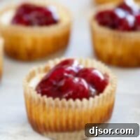 Mini Cheesecakes made in muffin tins, topped with cherries.