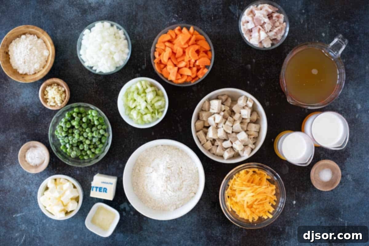 A vibrant selection of fresh ingredients laid out on a wooden board, including diced bacon, chopped vegetables, butter, flour, and chicken, ready for making Chicken Pot Pie with Biscuits and Bacon.