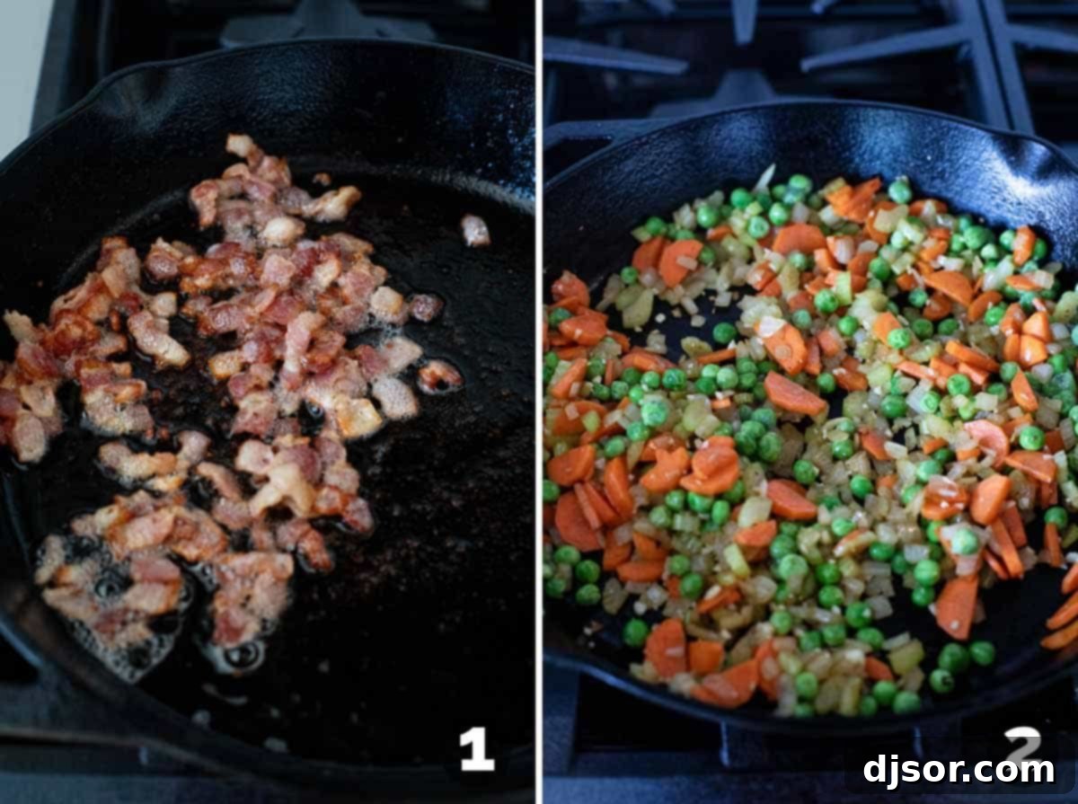 A two-part image showing bacon sizzling in a skillet, then chopped carrots, onions, and celery being sautéed in the rendered bacon fat.