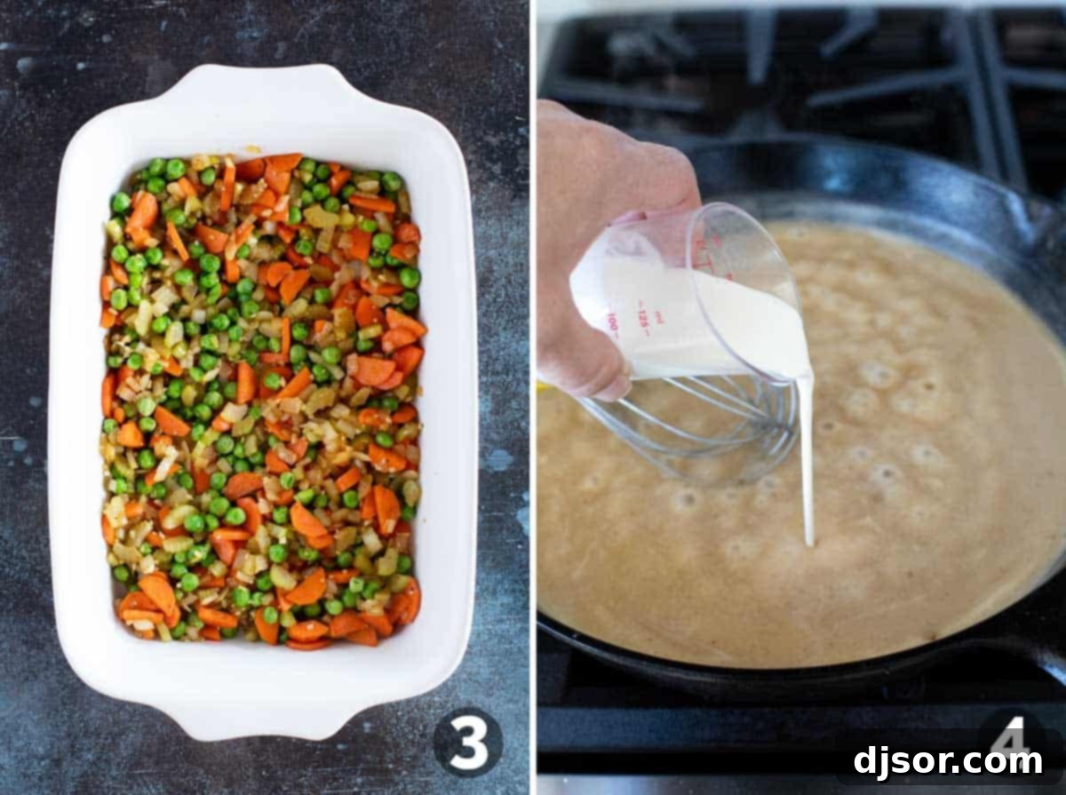 A casserole dish filled with sautéed vegetables, covered, and a skillet showing gravy being whisked, with ingredients like butter, flour, and broth.