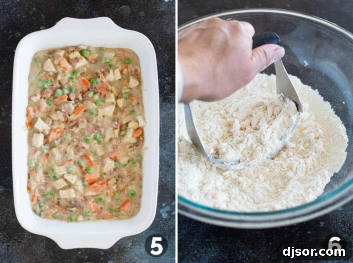 A casserole dish with chicken pot pie filling being mixed, and a bowl showing cold diced butter being cut into flour mixture for biscuits.