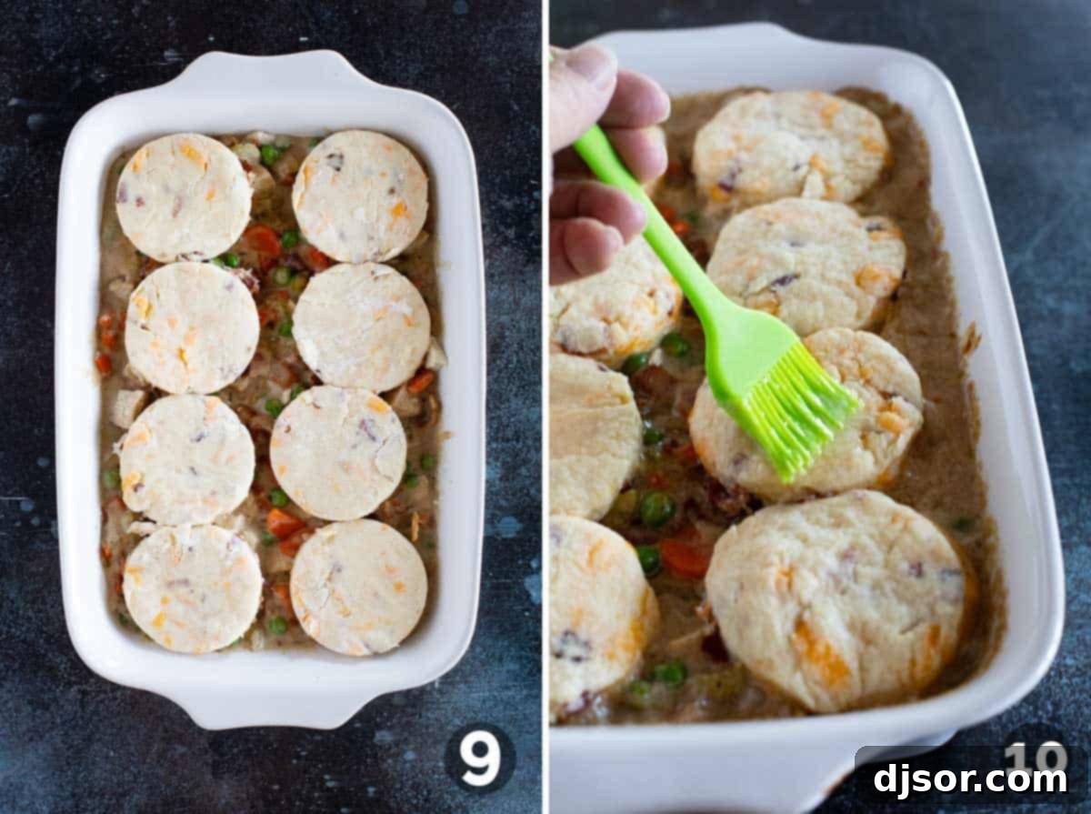 A casserole dish with chicken pot pie filling topped with unbaked cheddar bacon biscuits, and a finished baked casserole being brushed with melted butter.