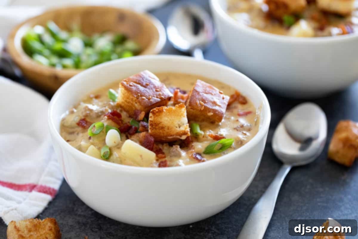 A large bowl of creamy bacon cheeseburger chowder, garnished with crispy bacon bits, melted cheese, and fresh green onions, with homemade croutons on the side.