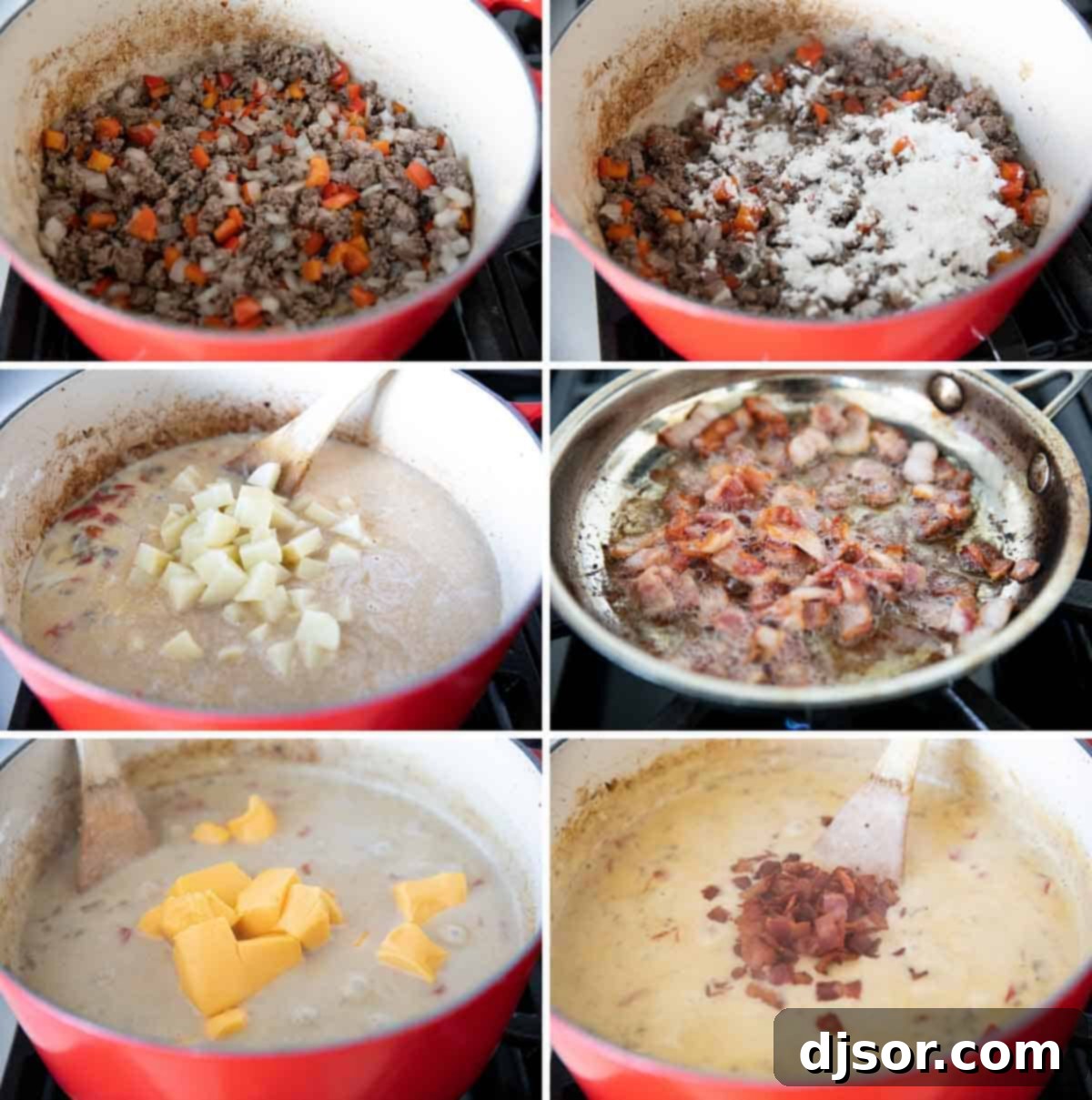 A series of four sequential images showing the step-by-step process of making bacon cheeseburger chowder, from browning ground beef with vegetables, adding flour and liquids, simmering potatoes, to melting in cheese and adding bacon, culminating in a finished creamy chowder.