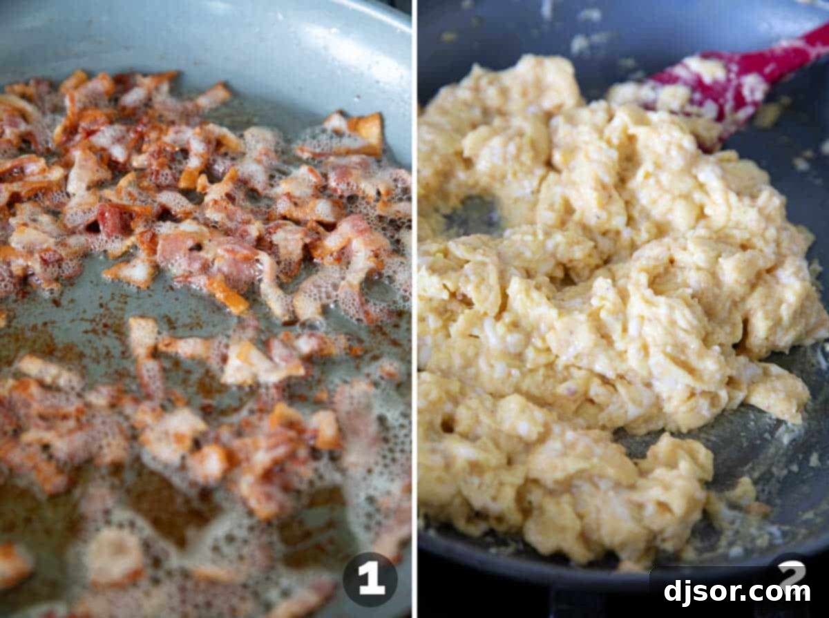 A two-part collage showing raw bacon being cooked in a skillet and eggs being scrambled, illustrating the cooking process for the breakfast bowl components.