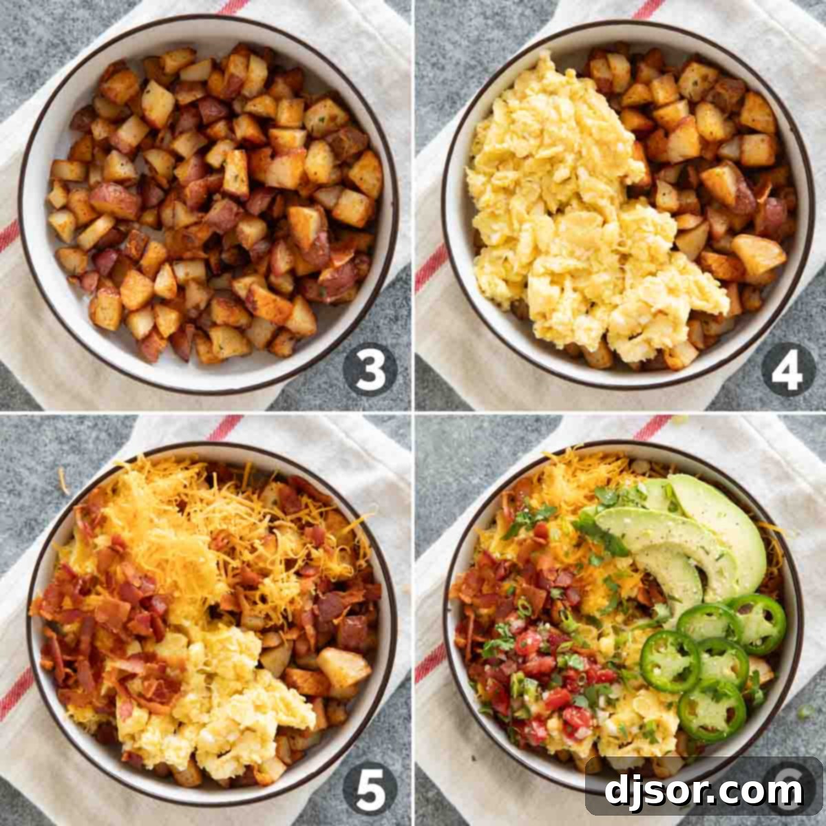A visual guide showing how to layer ingredients in a breakfast bowl: first potatoes, then eggs, then bacon and cheese, and finally fresh toppings.