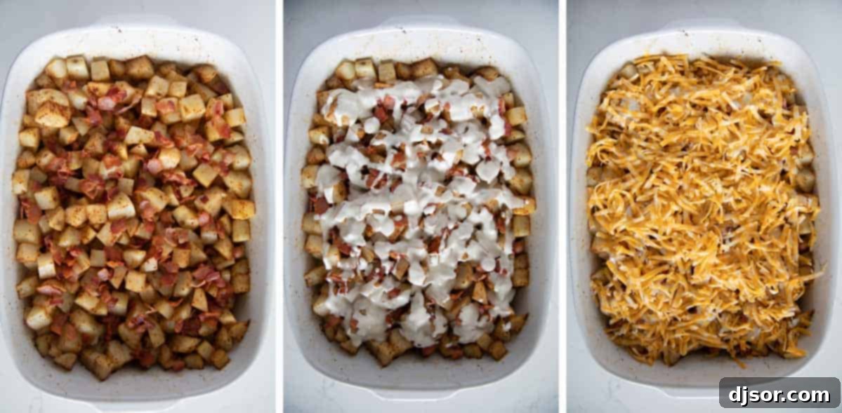Topping baked potatoes with crispy bacon, creamy ranch dressing, and shredded cheese