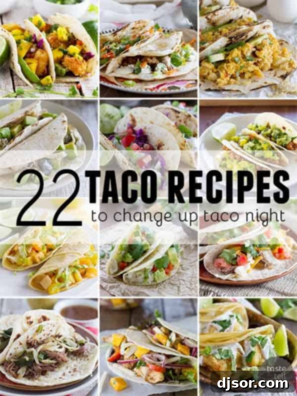 Upgrade Your Taco Night: 22 Irresistible Taco Recipes 2 collage of diverse taco recipes including shrimp, beef, chicken, and breakfast variations