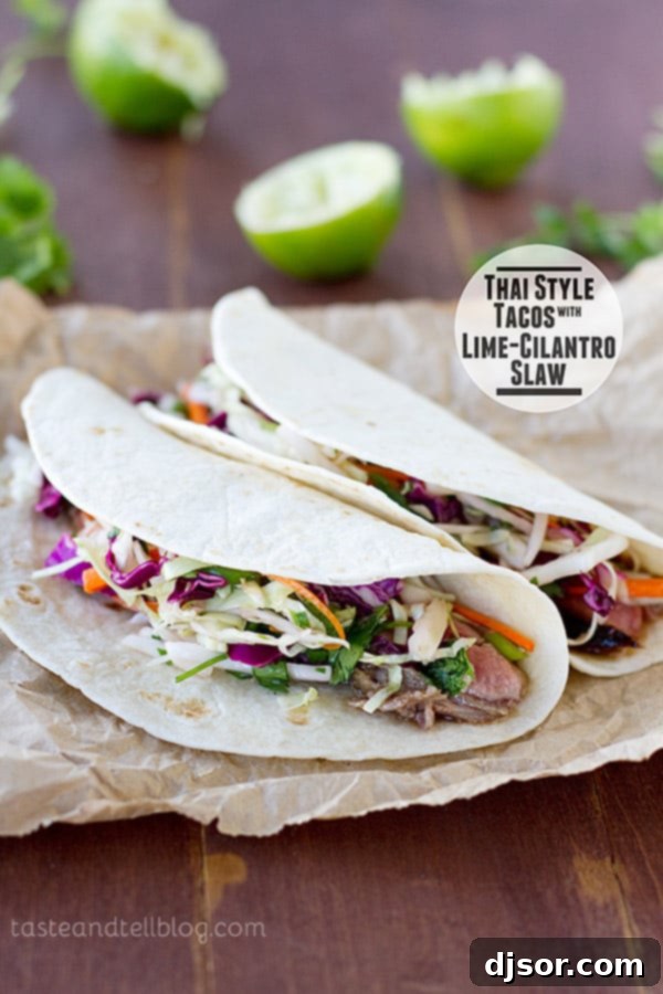 Upgrade Your Taco Night: 22 Irresistible Taco Recipes 20 Tacos take an Asian turn with these Thai Style Tacos – filled with marinated steak and a easy Lime-Cilantro Slaw.