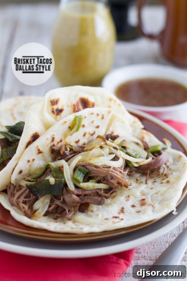 Upgrade Your Taco Night: 22 Irresistible Taco Recipes 11 Beef Brisket is slow cooked and served on tortillas with cheese and sautéed onions and peppers, then served alongside the pan juices for dipping in these Brisket Tacos, Dallas Style.