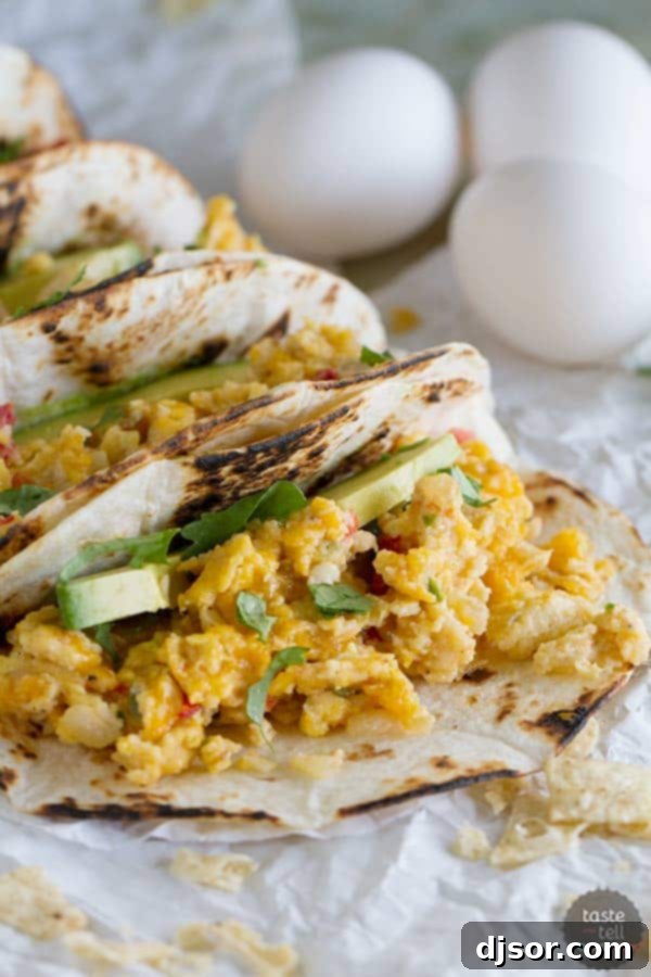 Upgrade Your Taco Night: 22 Irresistible Taco Recipes 21 Eat your tacos for breakfast with these breakfast tacos filled with scrambled eggs with onions, jalapeños, tomatoes and crumbled tortilla chips. Migas Breakfast Tacos are a great way to add a little Tex-Mex to your morning!