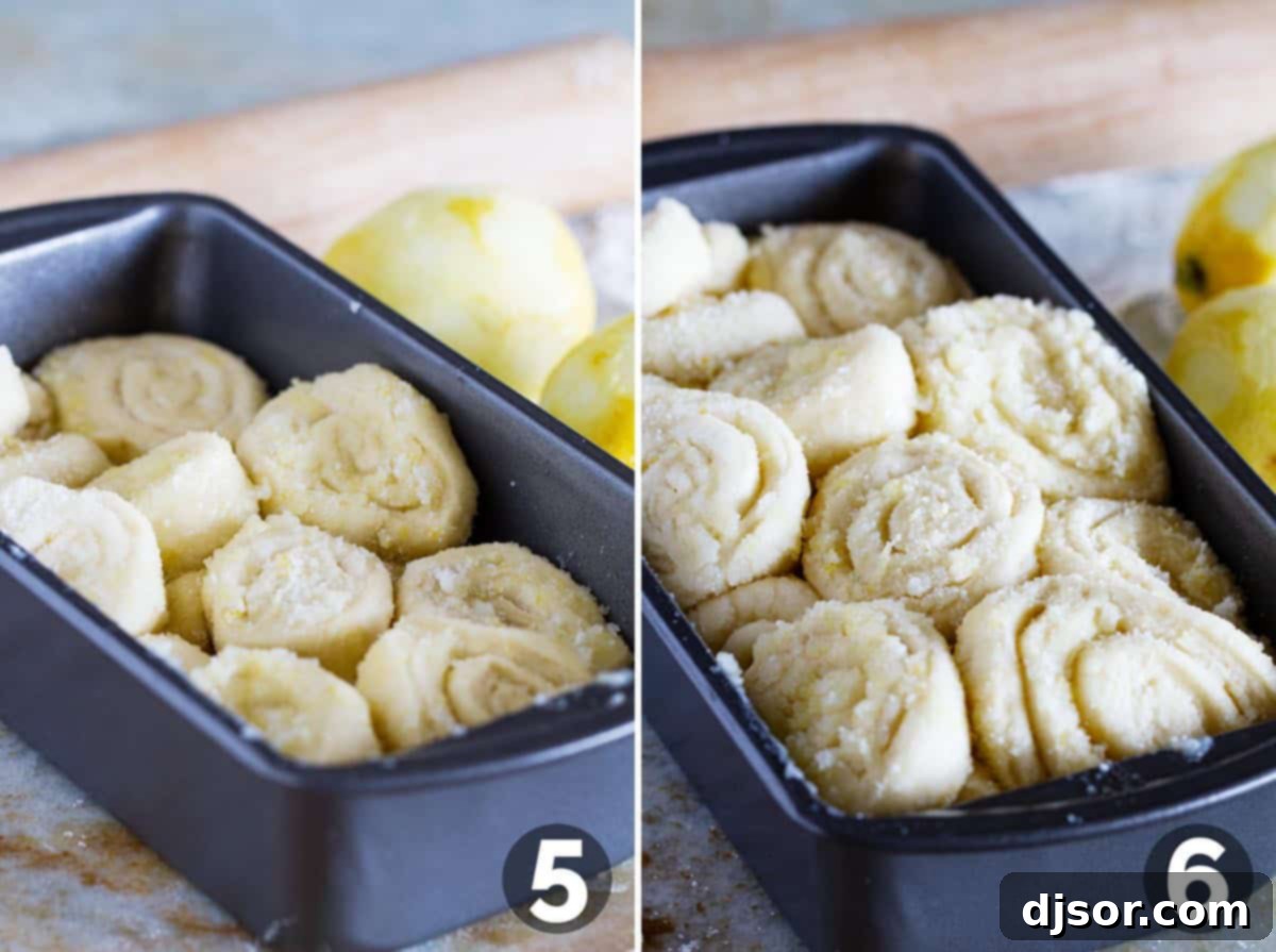 Bright Lemon Swirl Pull-Apart Loaf 5 Lemon Roll Pull Apart Bread in a loaf pan rising.