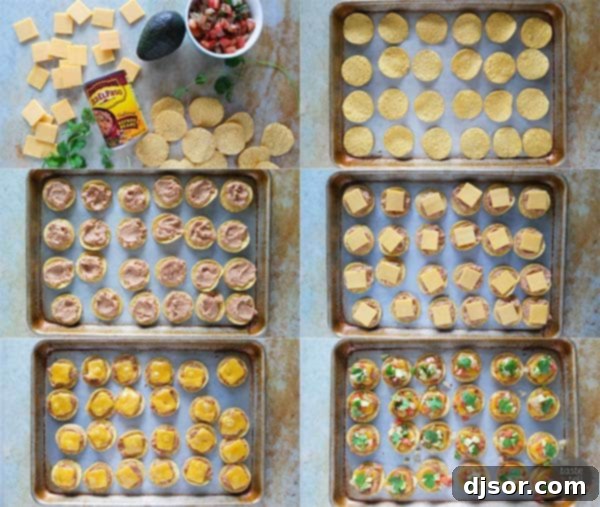 A simple three-step visual guide showing how to assemble Nacho Bites with beans and cheese before baking.