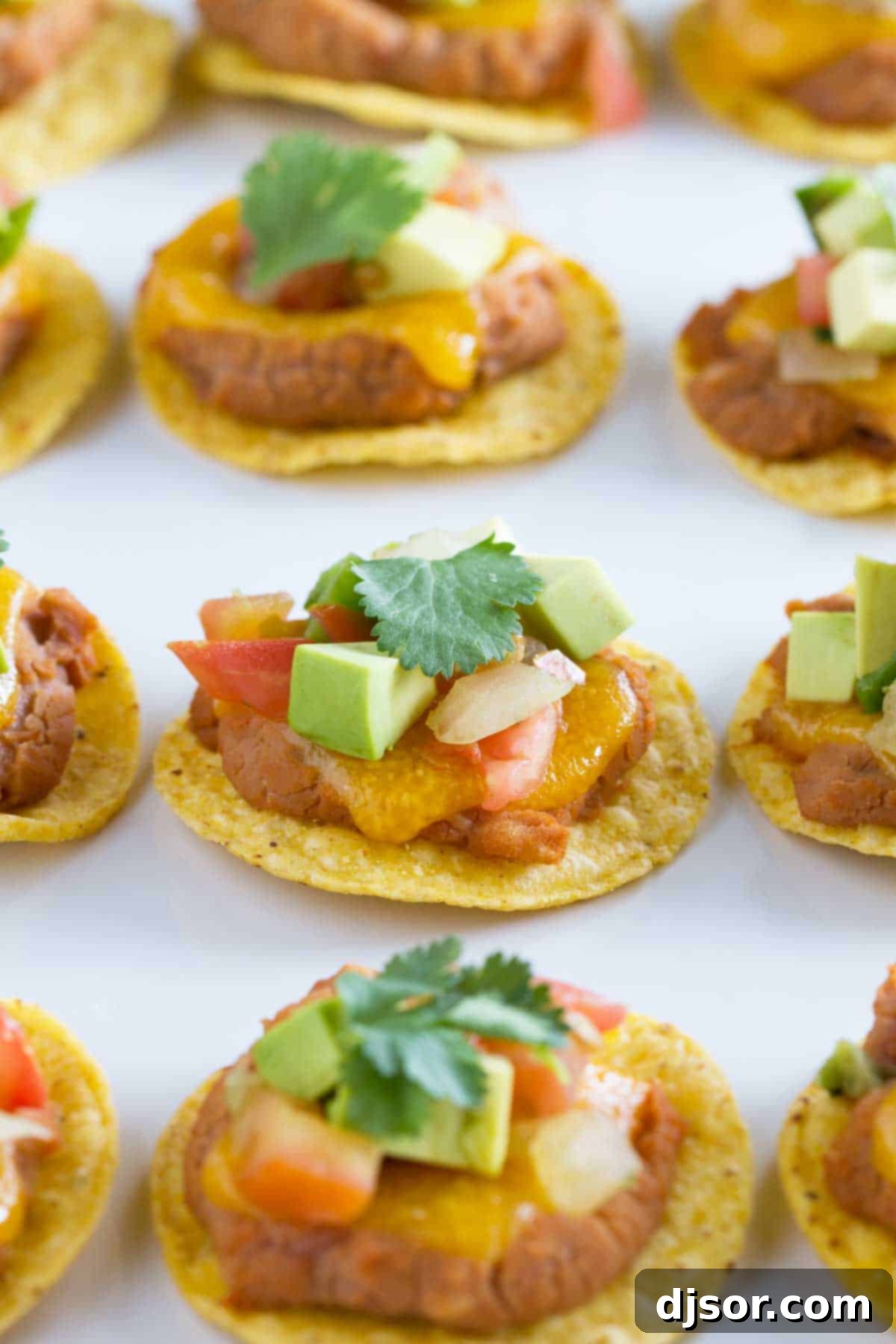 Close-up of Nacho Bites garnished with fresh cilantro, diced avocado, and bright pico de gallo, ready to be enjoyed.