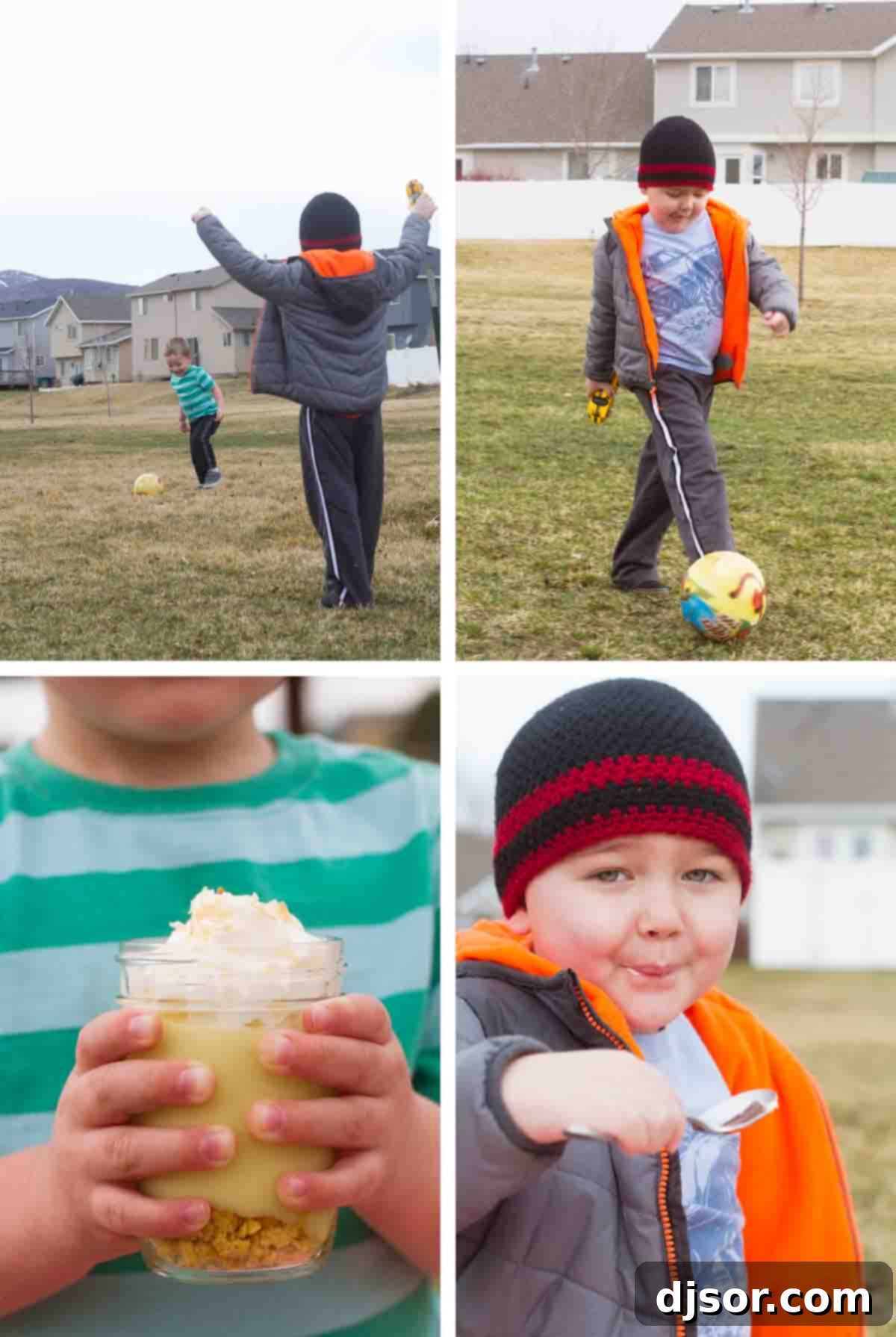 Children happily playing at a park, one enjoying a Coconut Lemon Pudding Parfait, embodying the joy of simple outdoor pleasures.