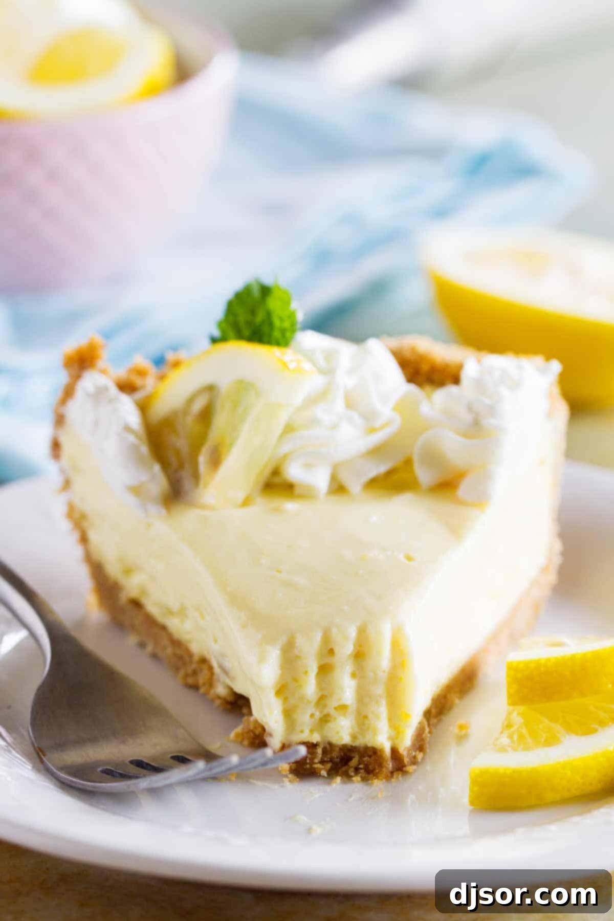 slice of lemon cream pie showing texture of the finished pie