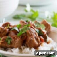 Delicious Slow Cooker Beef with Salsa, served over rice and garnished with cilantro.